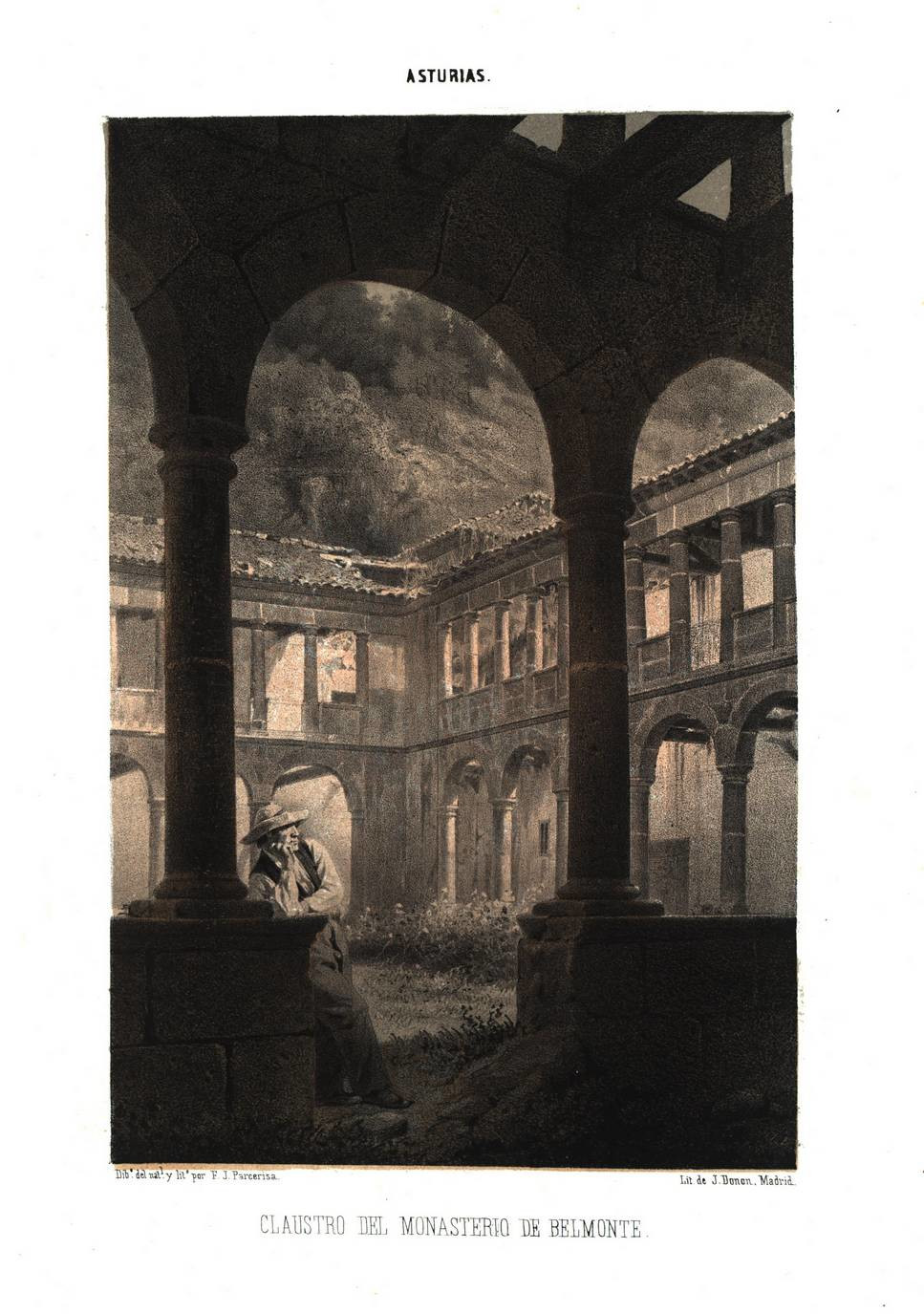 Figura 1 Lapedo Belmonte 1855, Recuerdos y bellezas de España, Asturias y León, Claustro del monasterio de Belmonte, (es.wikipedia.org)